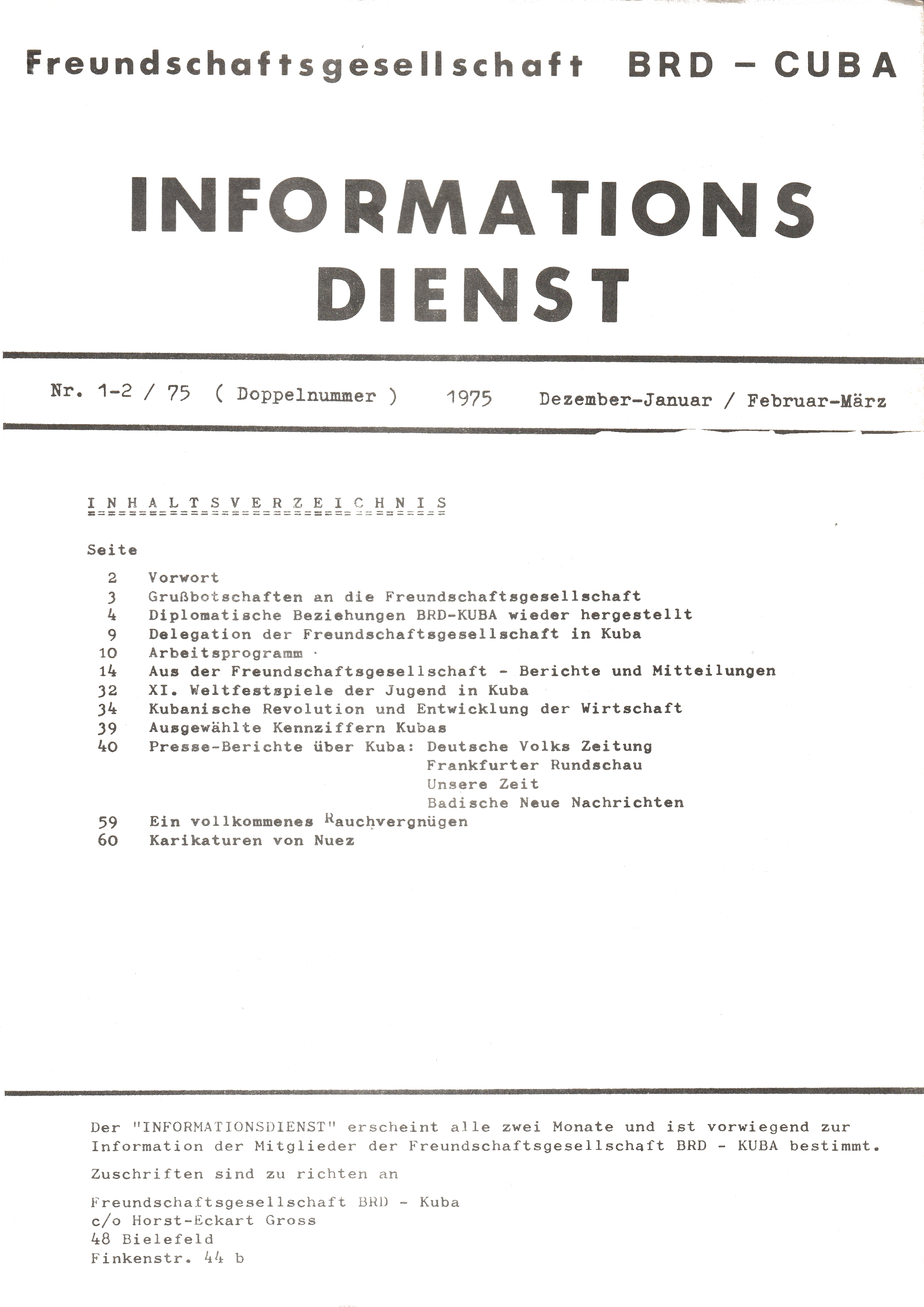 Freundschaftsgesellschaft BRD-Cuba - Informationsdienst Nr. 1-2 / 1975