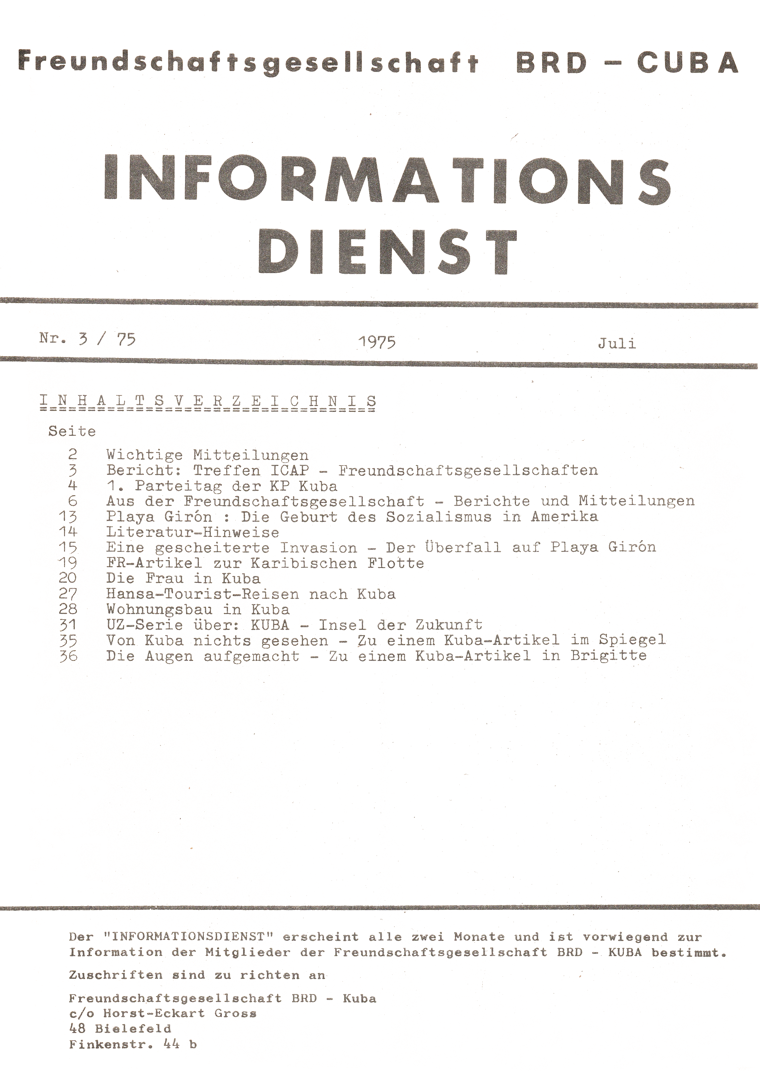 Freundschaftsgesellschaft BRD-Cuba - Informationsdienst Nr. 3 / 1975