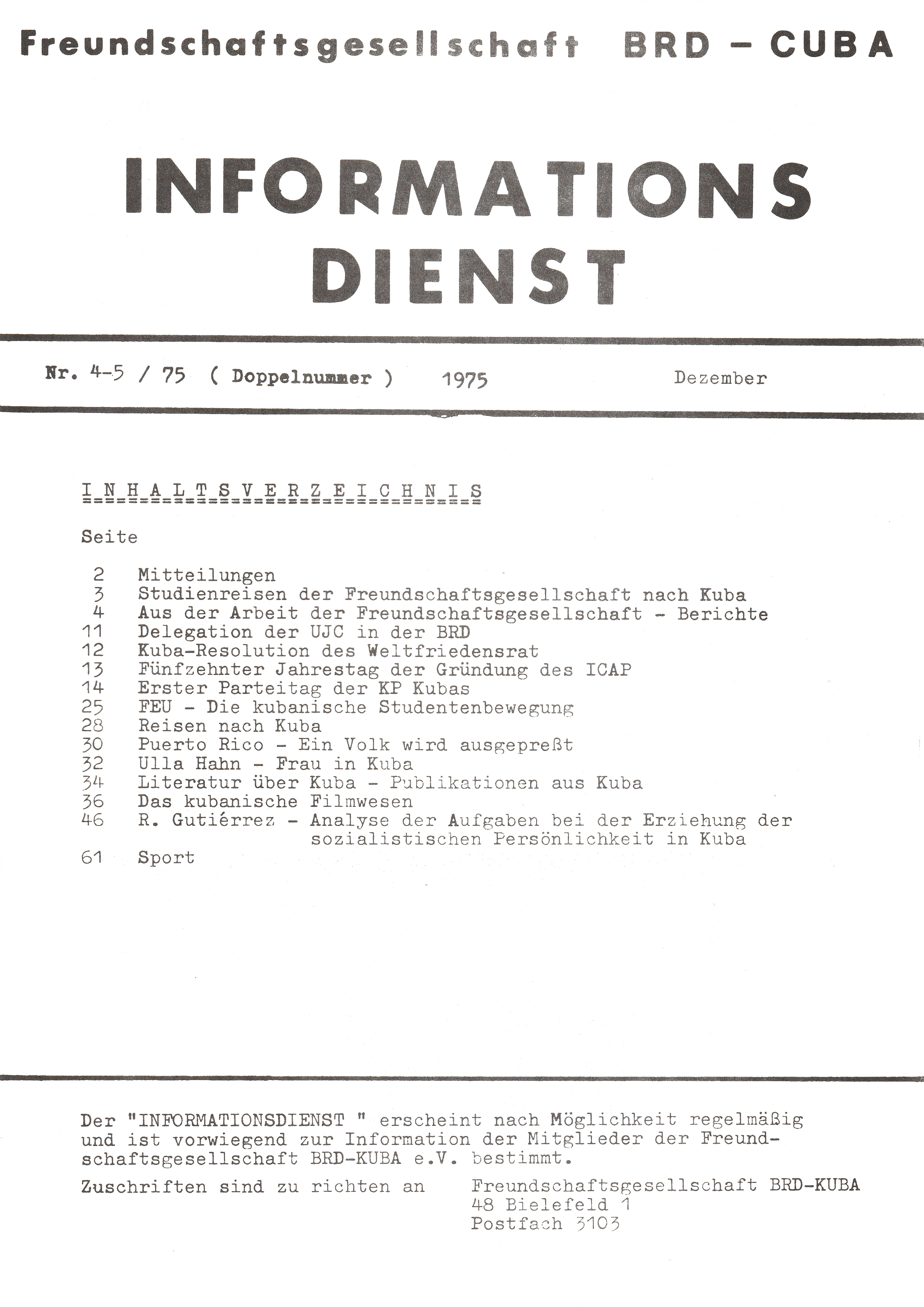 Freundschaftsgesellschaft BRD-Cuba - Informationsdienst Nr. 4-5 / 1975