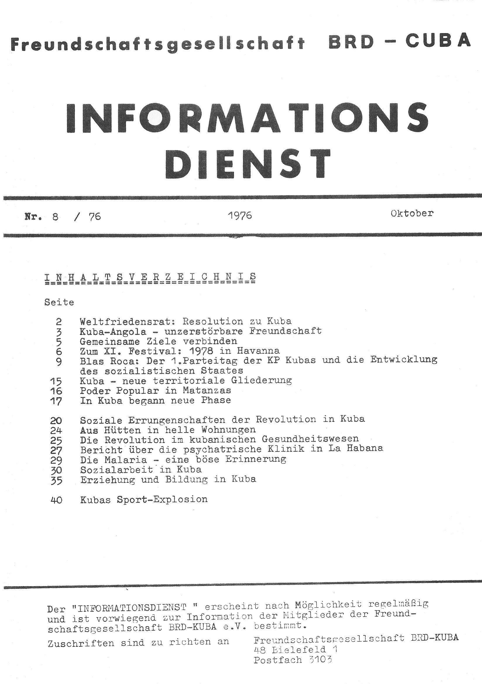 Informationsdienst Nr. 8 der Freundschaftsgesellschaft BRD-Kuba