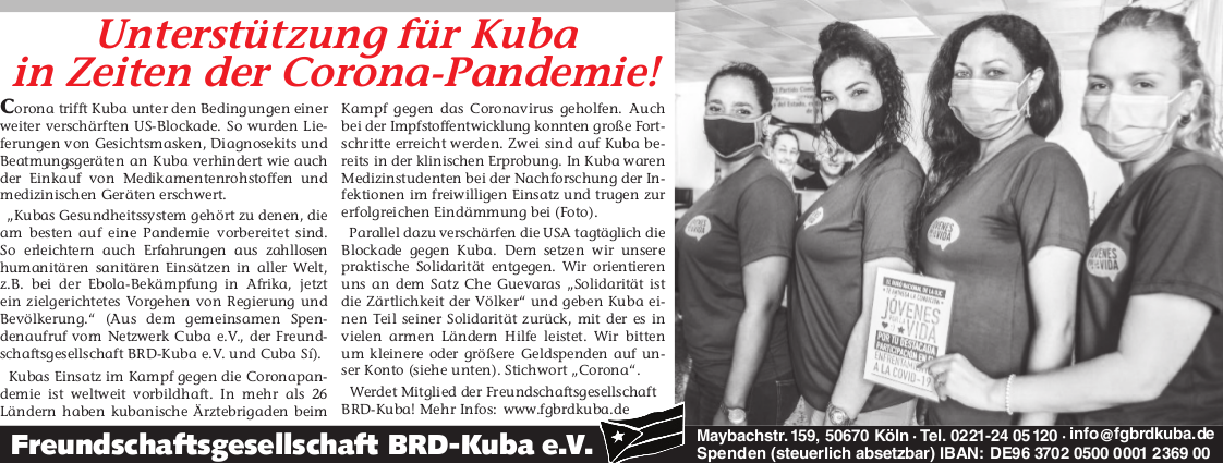 Unterstützung für Kuba in Zeiten der Corona-Pandemie!