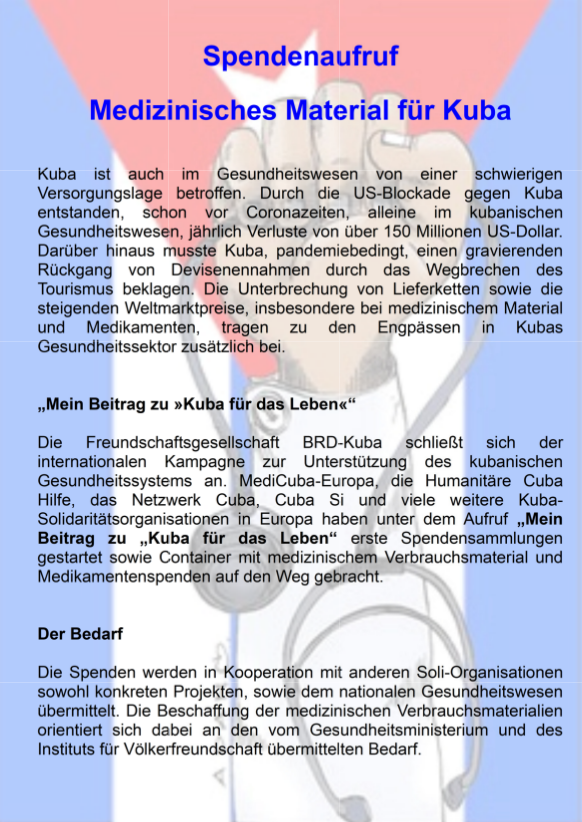 Medizinisches Material für Kuba, Flyer