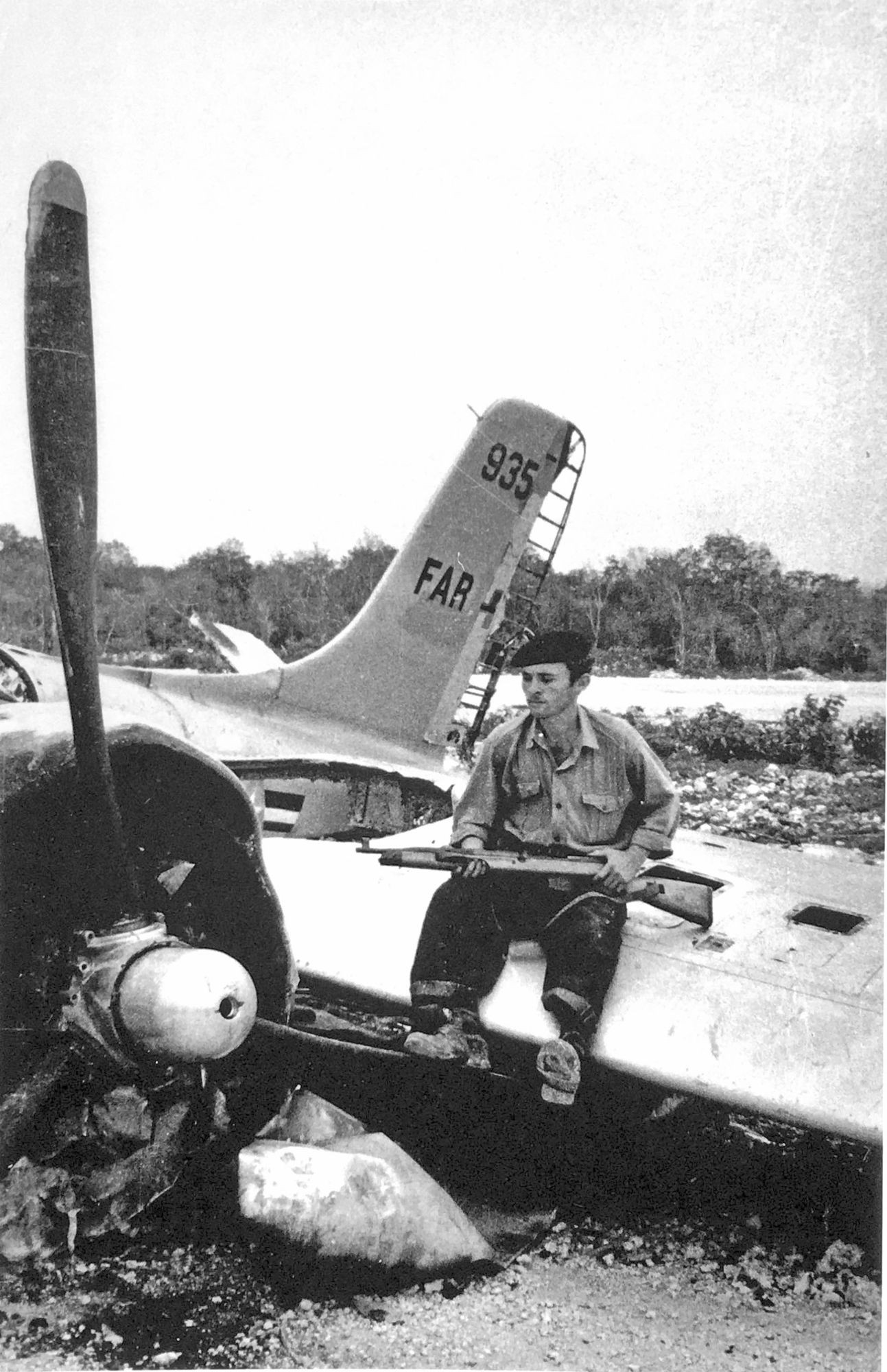 Ein Milizionär bewacht ein abgeschossenes Flugzeug der Invasoren