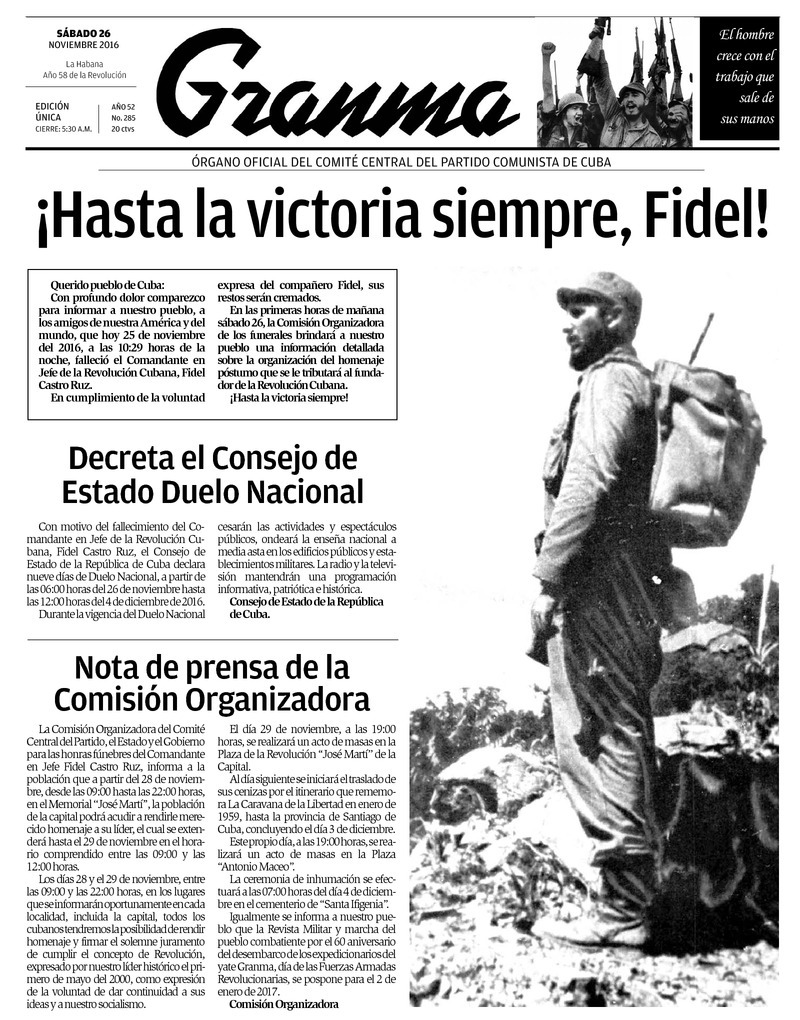 Granma Titelblatt 26.11.2016, Zum Tod von Fidel Castro