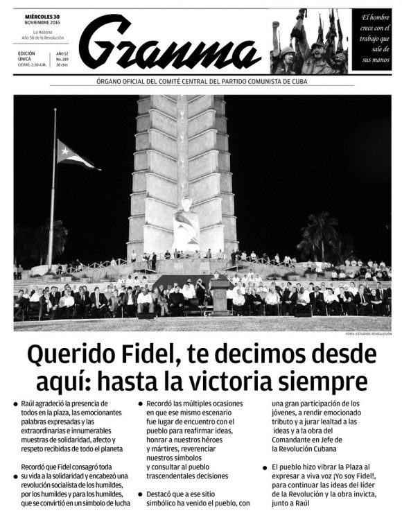Granma Titelblatt 30.12.2016, Zum Tod von Fidel Castro