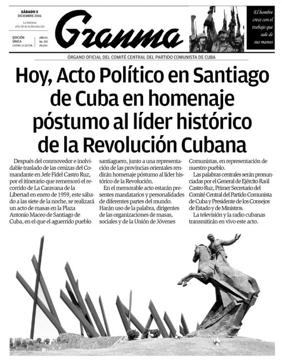 Granma Titelblatt 03.12.2016, Zum Tod von Fidel Castro