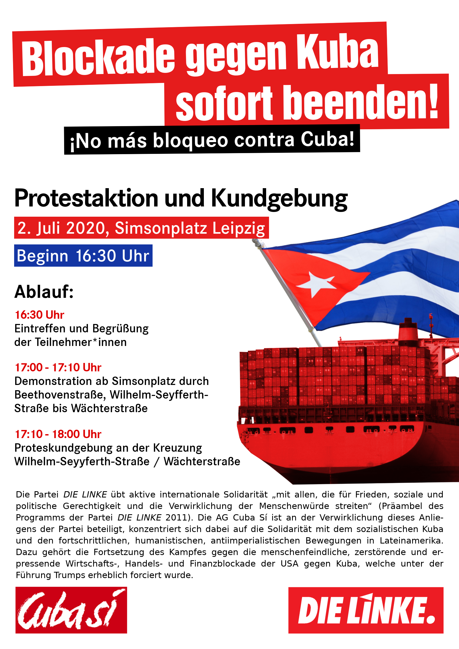 Protestaktion und Kundgebung in Leipzig: Blockade gegen Kuba sofort beenden !