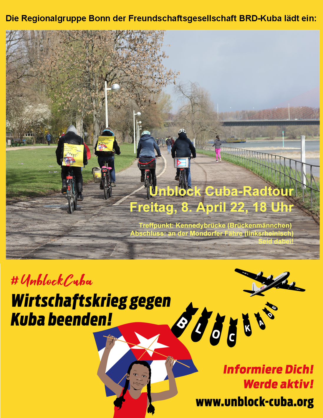 Radeln gegen 60 Jahre Blockade – Freitag, 8. April 2022, 18:00 Uhr Treffpunkt: Kennedybrücke (Brückenmännchen), 53225 Bonn