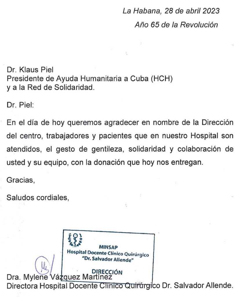 Spendenübergabe der Cuba Libre / UZ - Leserreise 3 dankschreiben klinik salvador allende 2023