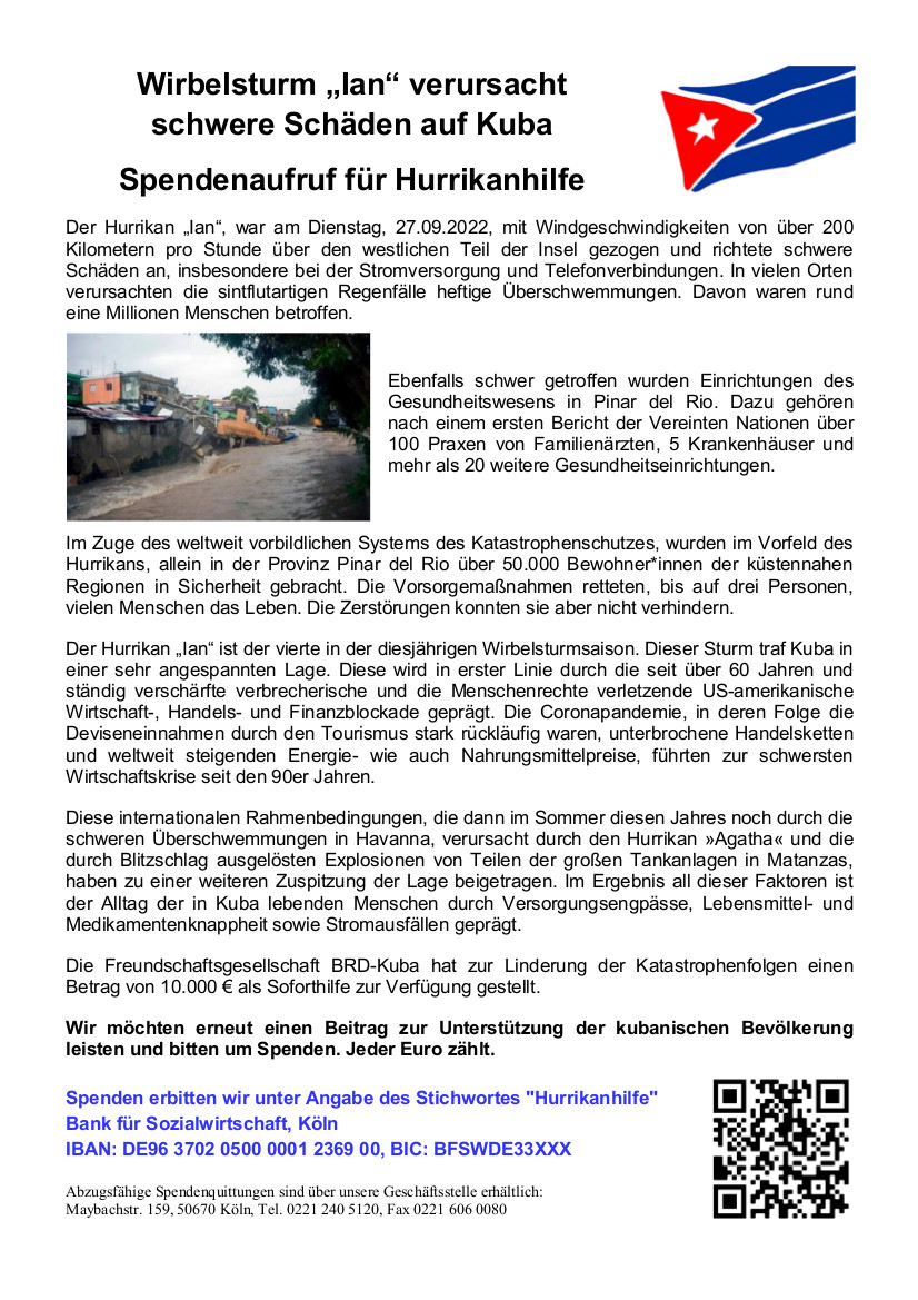 Aus der FG 74 Spendenaufruf: Wirbelsturm „Ian“ verursacht schwere Schäden auf Kuba