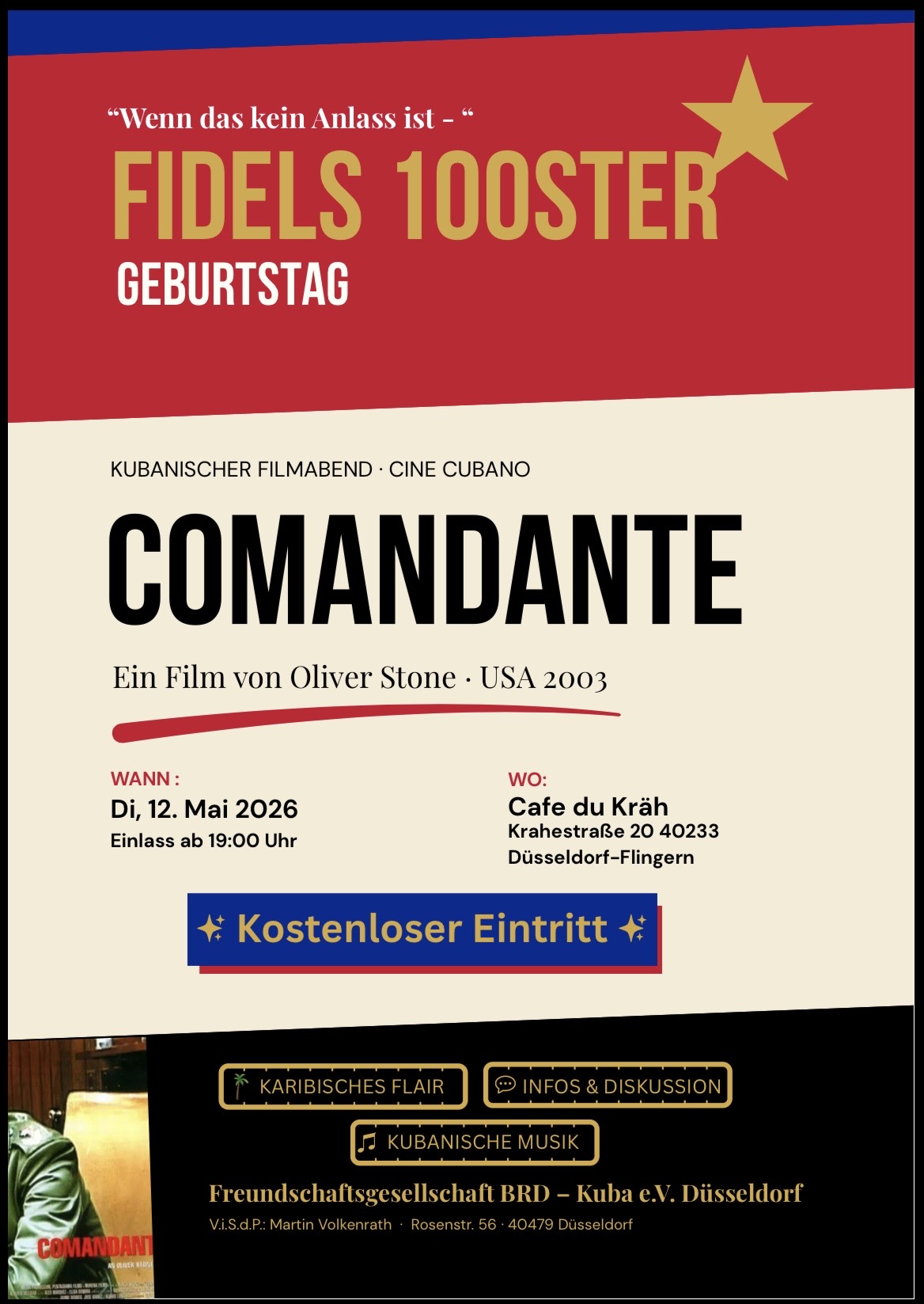 Film „Comandante“ von Oliver Stone. 19.5.26 ab 19.00 Uhr, Eintritt frei