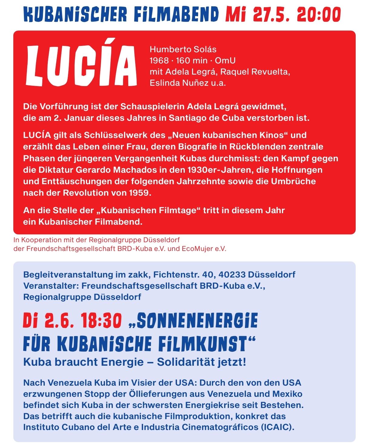 Kubanischer Filmabends am 27.5. und Begleitveranstaltung am 2.6.