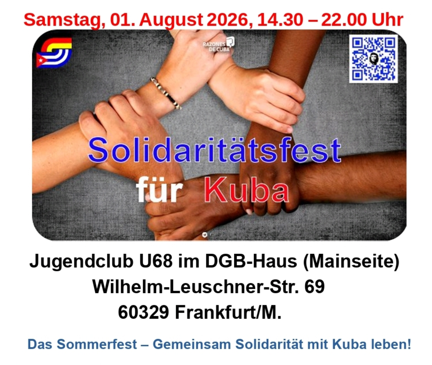 Home 20 Solidaritätsfest für Kuba, am 1.8.26 ab 14:30 Uhr im Jugendclub 68, DGB-Haus, Wilhelm-Leuschner-Straße 69, 60329 Frankfurt
